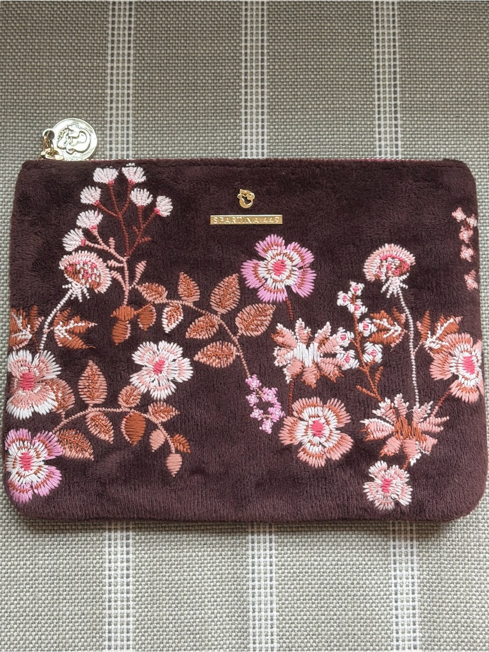 Spartina 449 Brown Velvet Embroidered Floral Zip Clutch Pouch Evening Bag - Picture 5 of 5